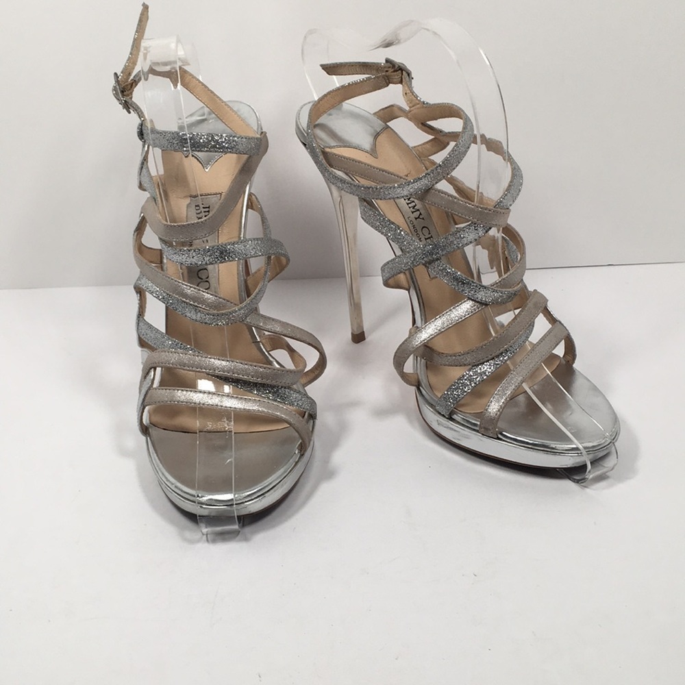 Jimmy Choo • silver dart strappy sandals 5” Sz 40